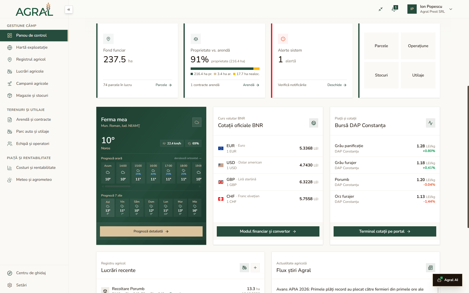 Platforma Agral - Dashboard și Management