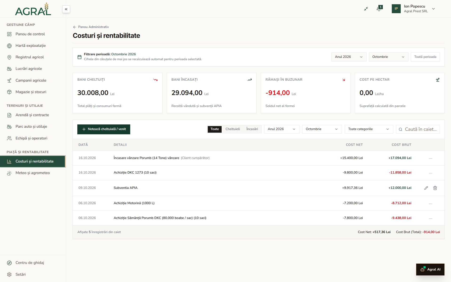 Modulul financiar de costuri și rentabilitate în Agral